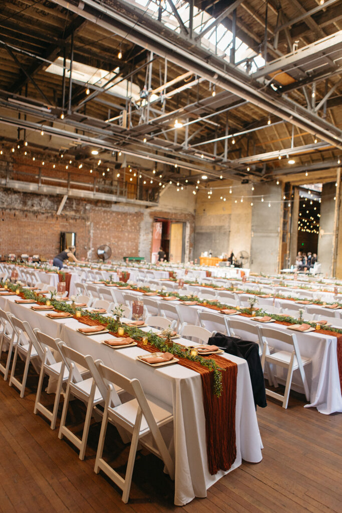 A romantic industrial indoor Jam Handy wedding reception in Detroit, Michigan