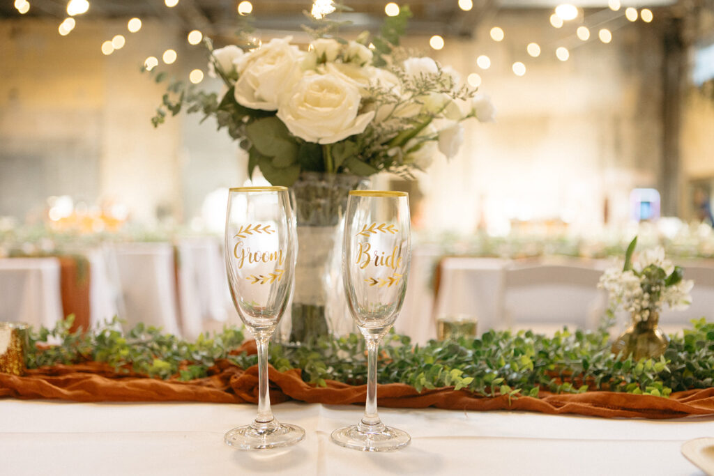 Bride and grooms champagne glasses