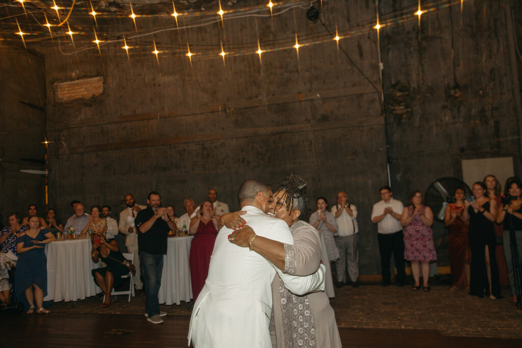 Groom sharing a last dance with his mother  at Jam Handy wedding venue in Detroit, Michigan
