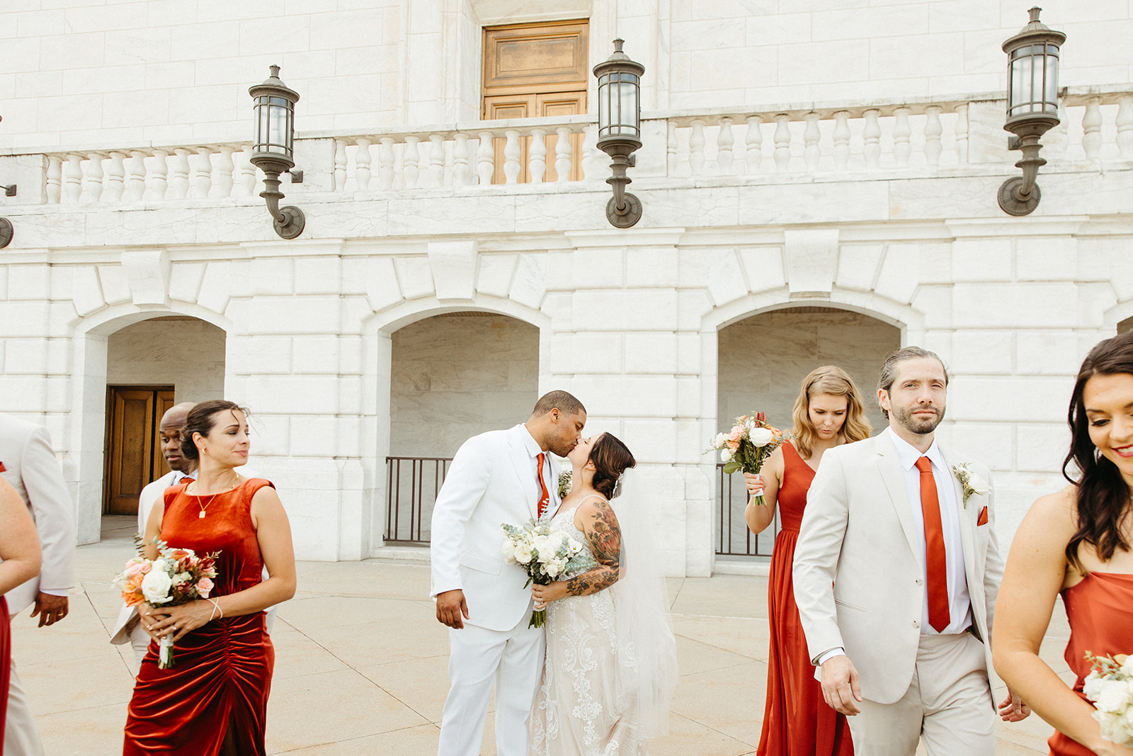 Wedding party photos outside of Detroit Institute of Arts Museum