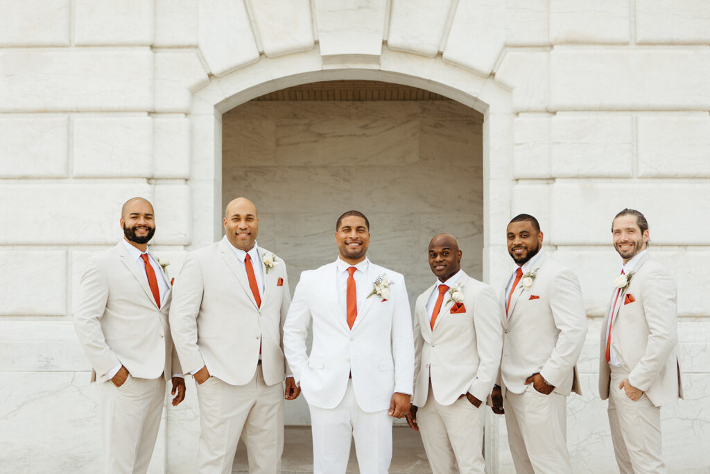 Groom and groomsmen portraits outside of Detroit Institute of Arts Museum