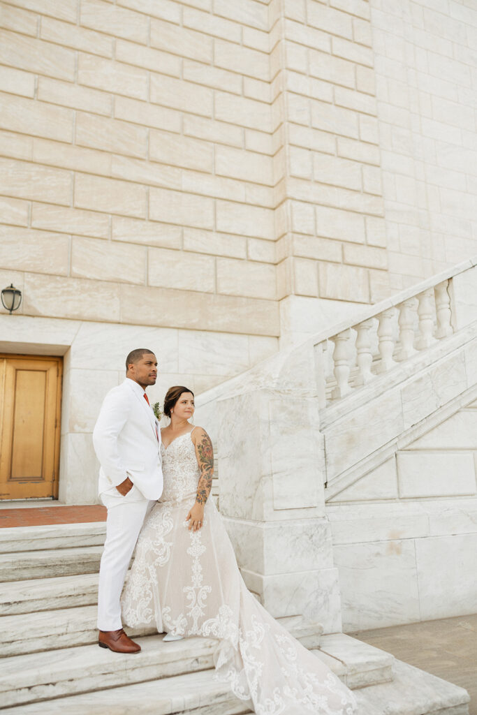 Bride and grooms portraits outside of Detroit Institute of Arts Museum
