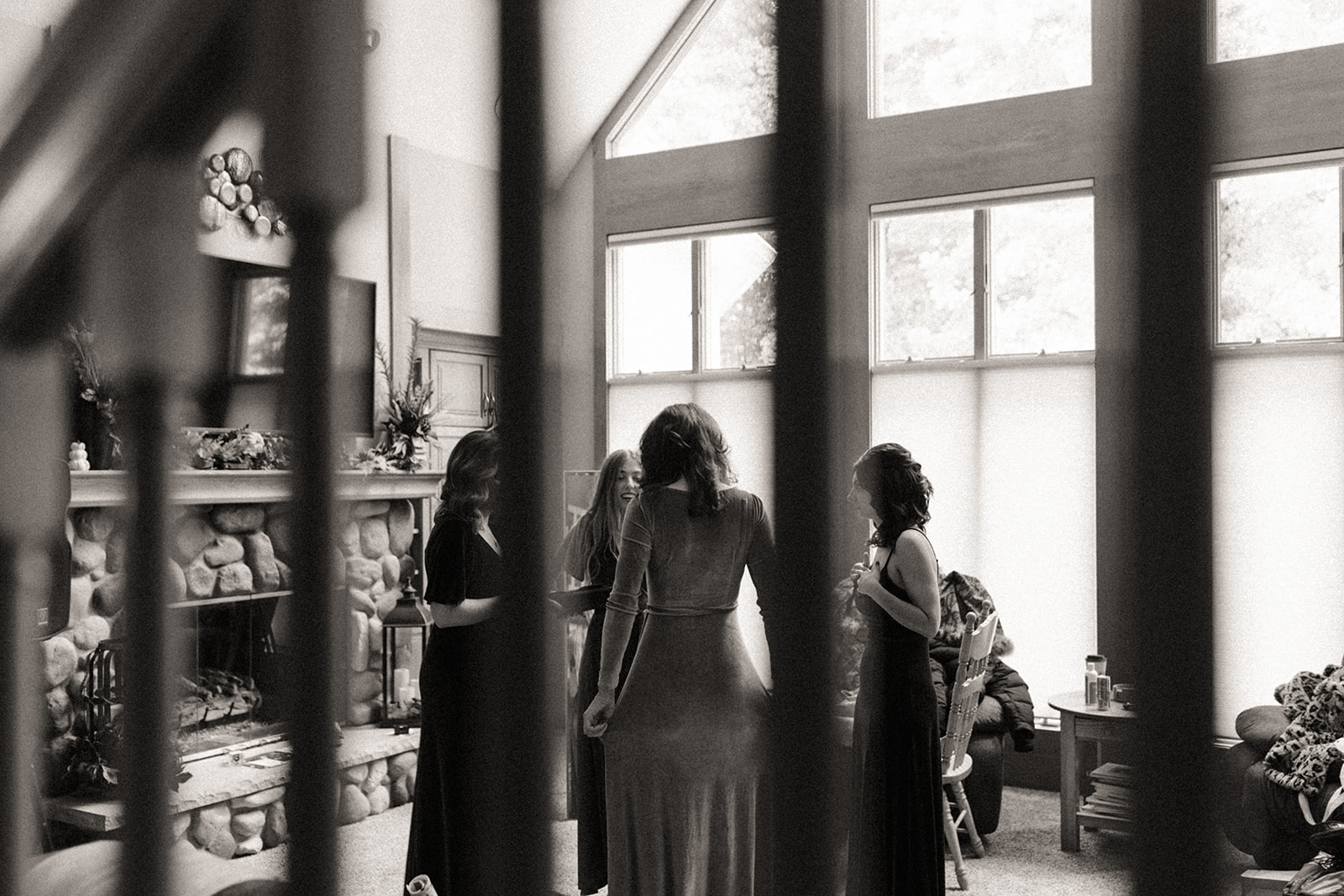 Black and white photo of a bridesmaids getting ready