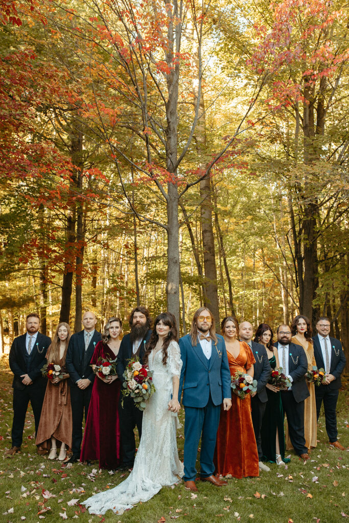 Outdoor full wedding party portraits from a backyard wedding in Michigan