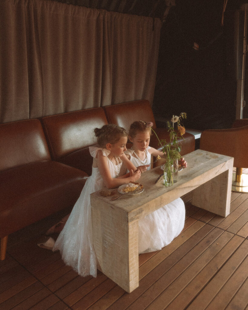 Flower girls eating pie from Sister Pie during a Mabel Grey Detroit wedding reception