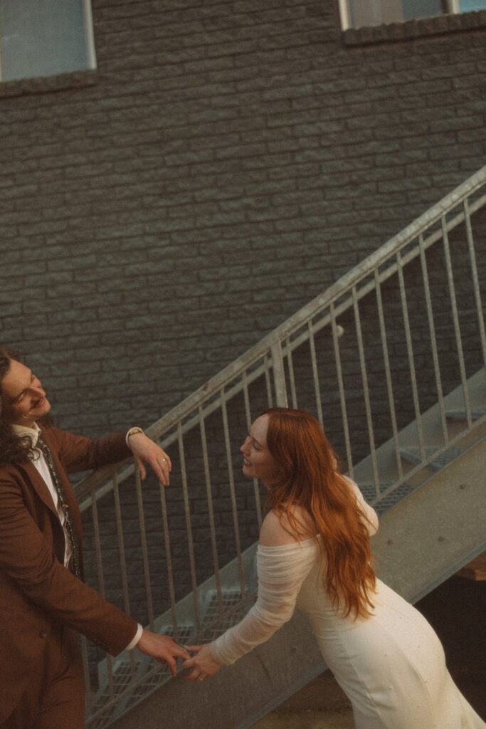 Bride and grooms blue hour wedding portraits from their Detroit wedding