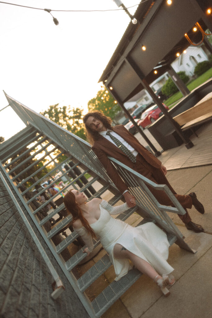 Bride and grooms blue hour wedding portraits from their Detroit wedding