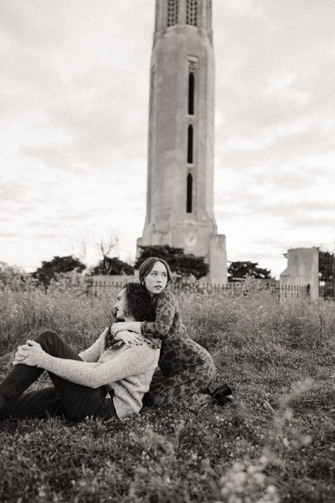 Black and white photo of a couple during their Belle Isle engagement photos in Detroit, Michigan