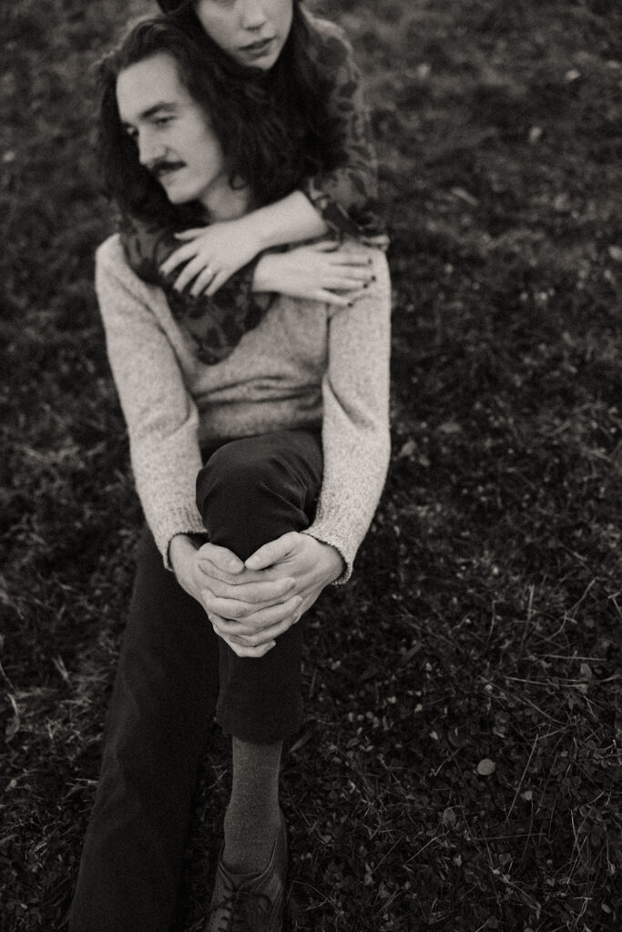 Black and white photo of a couple during their Belle Isle engagement photos in Detroit, Michigan