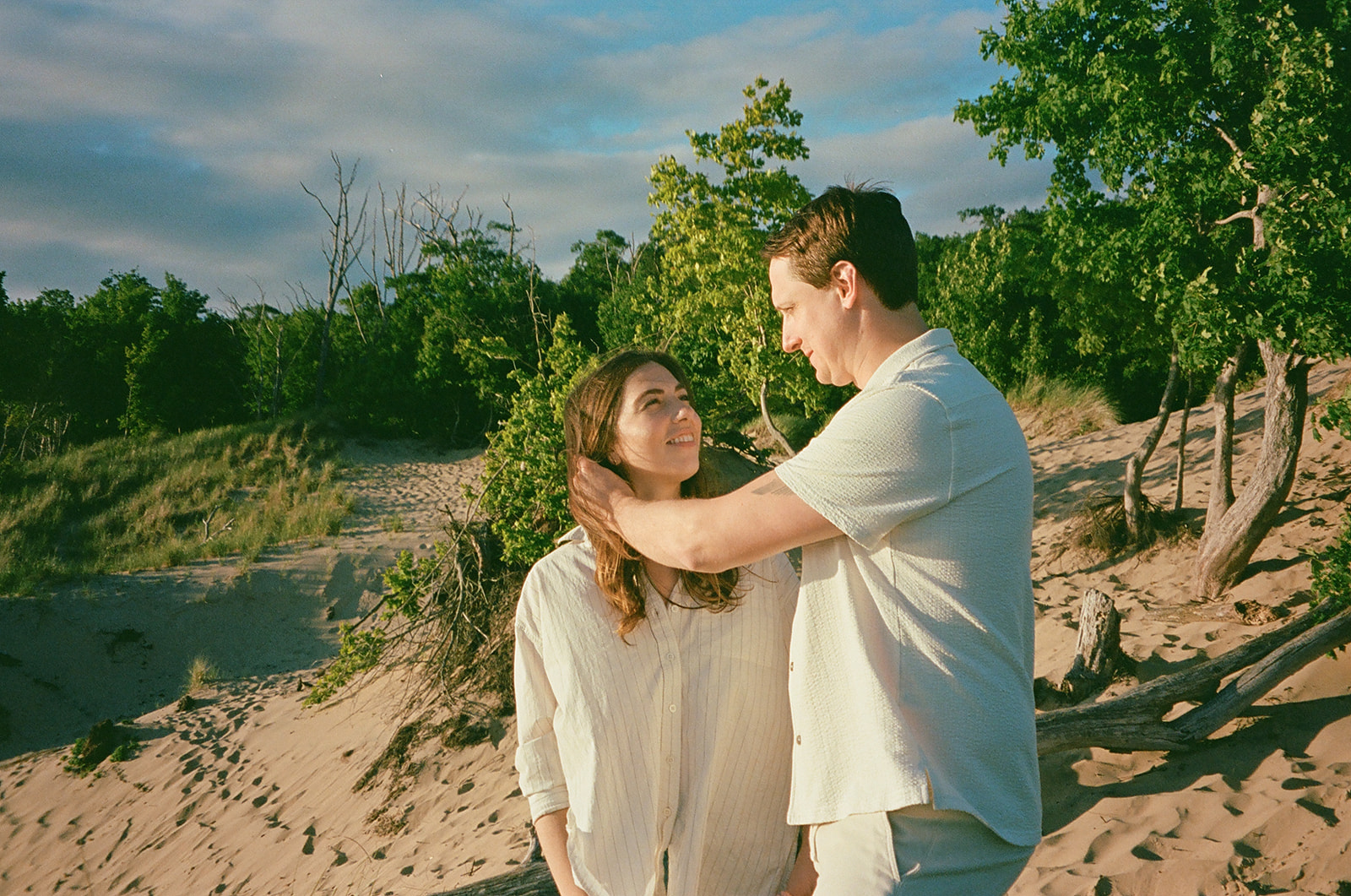 Couples Lake Michigan engagement photos captured on film