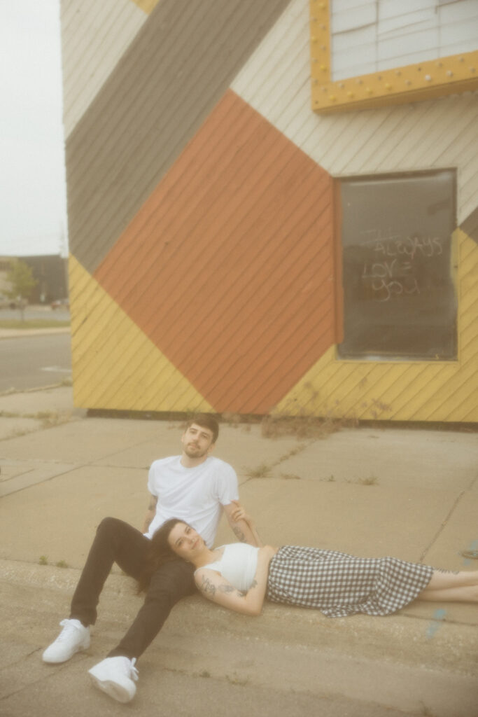 Nostalgic engagement photos in downtown Bay City, Michigan