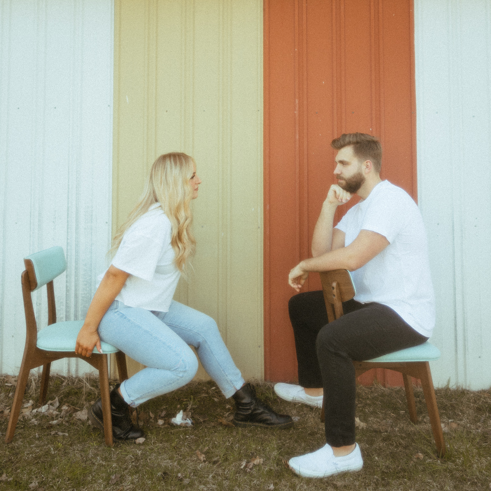 Man and woman's editorial engagement photos in Detroit, Michigan