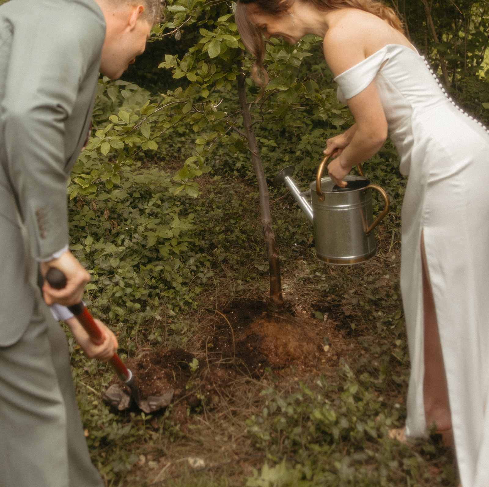 Bride and groom doing a tree planting ceremony during their backyard Ann Arbor wedding ceremony