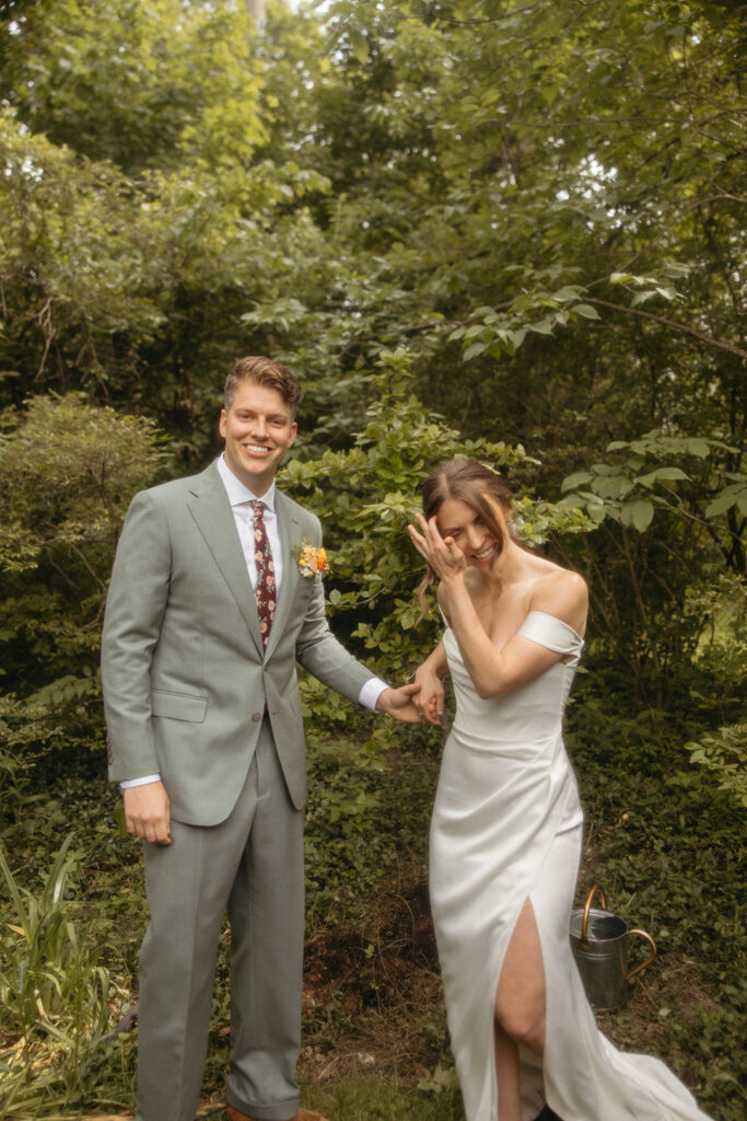 Bride and groom after they did a tree planting ceremony in their backyard 