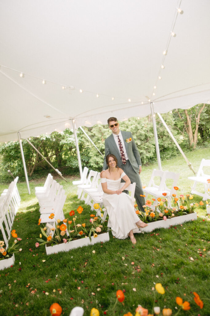 Outdoor bride and grooms portraits from a colorful backyard Ann Arbor wedding