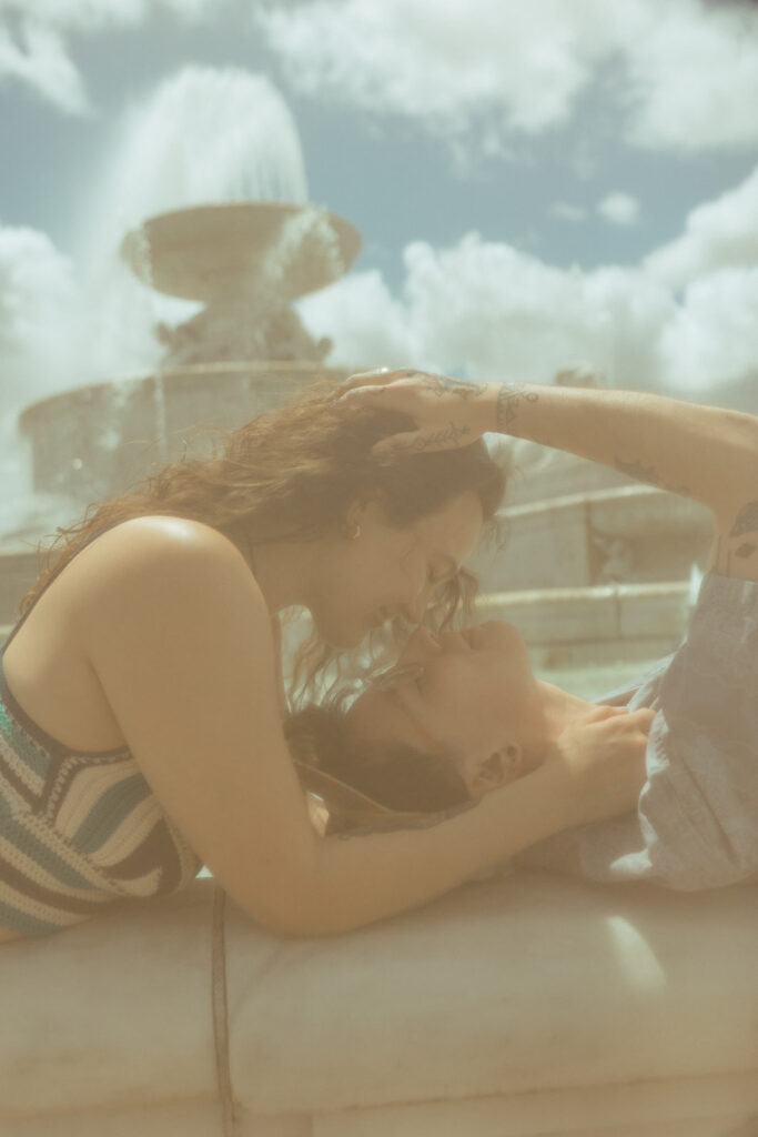 Couple leaning in for a kiss during their Belle Isle engagement photos