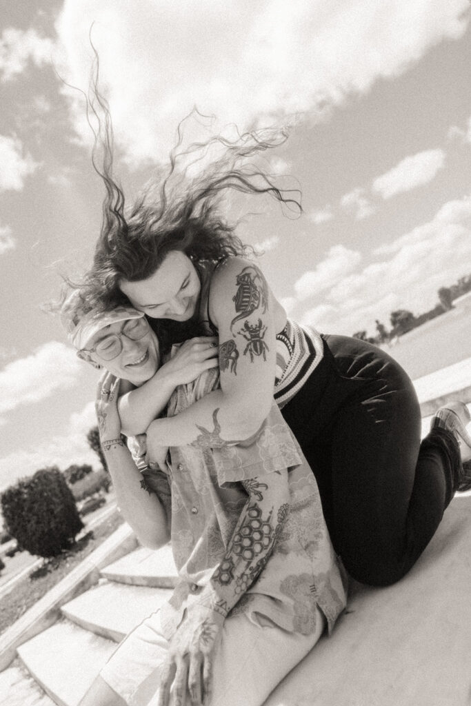 Black and white engagement photo of a couple at Belle Isle in Detroit