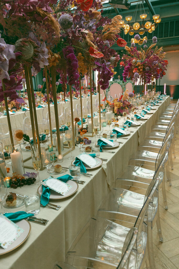 A colorful indoor Book Tower wedding anniversary dinner