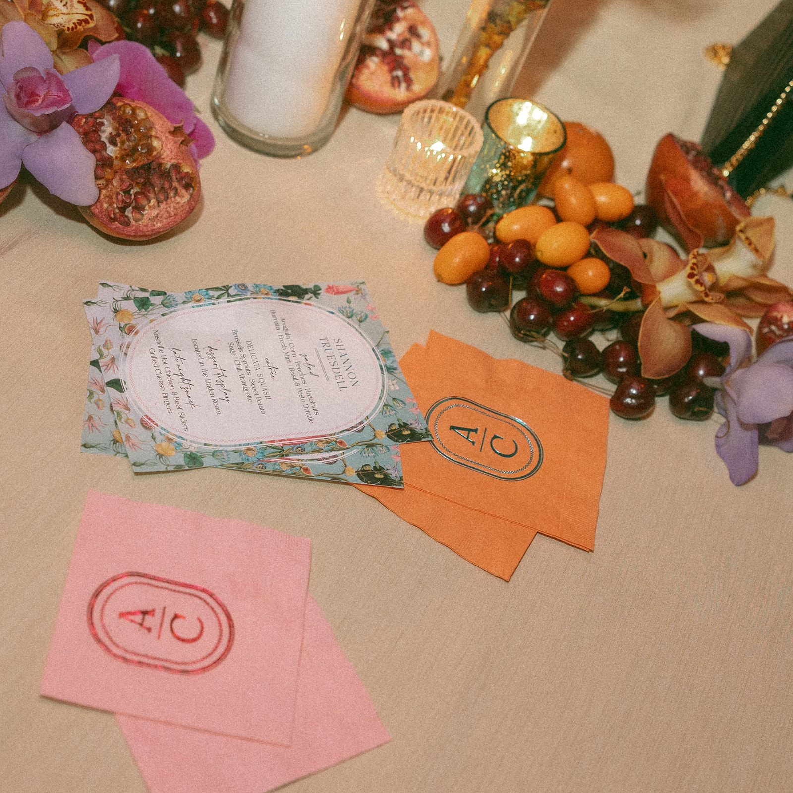 Book Tower wedding napkins and fruit decor