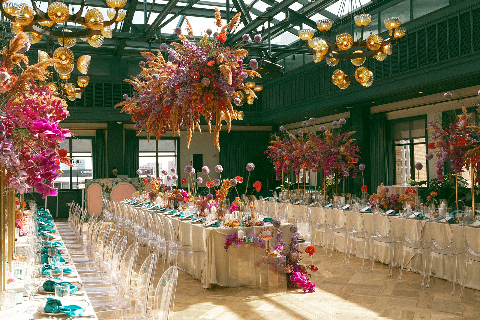 A colorful indoor Book Tower wedding anniversary dinner