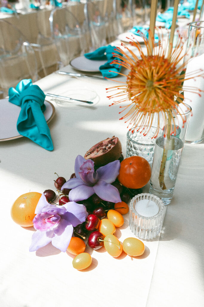 A colorful indoor Book Tower wedding anniversary dinner