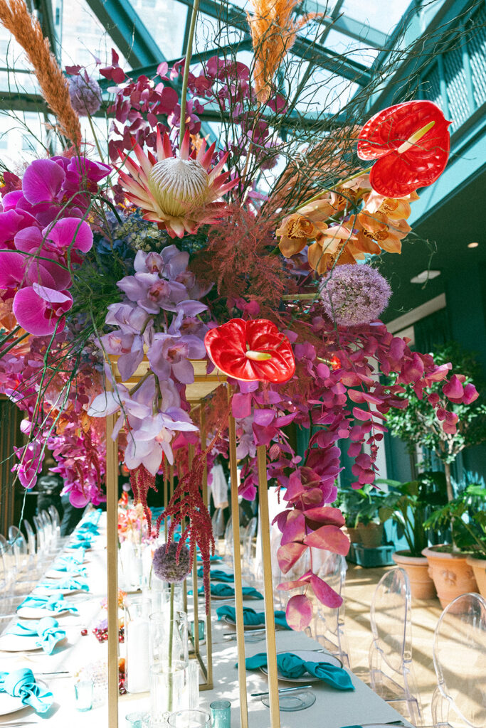 A colorful indoor Book Tower wedding anniversary dinner