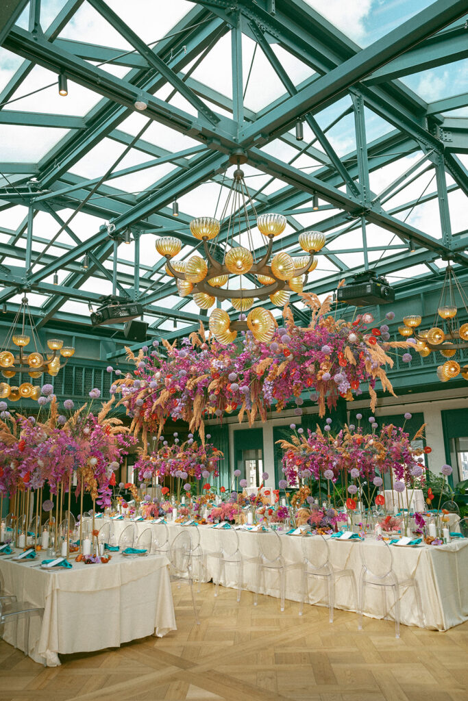 An indoor Book Tower wedding reception