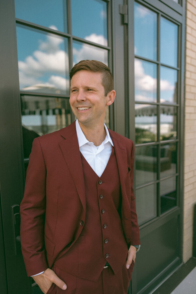 Groom portraits at Kamper's Rooftop Lounge in Detroit, Michigan