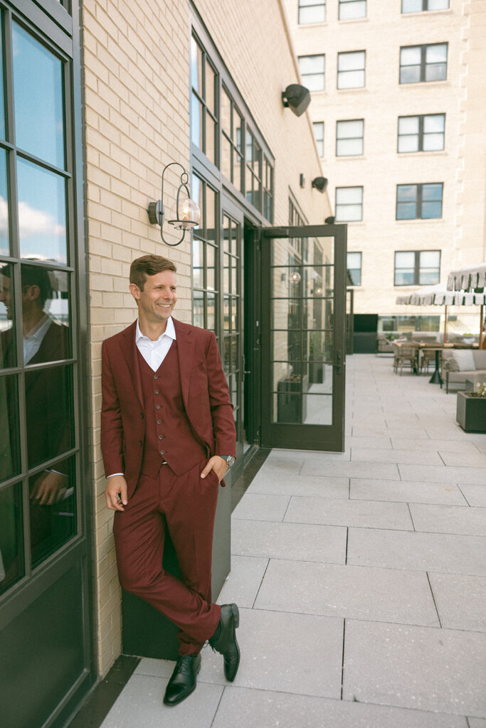 Groom portraits at Kamper's Rooftop Lounge in Detroit, Michigan