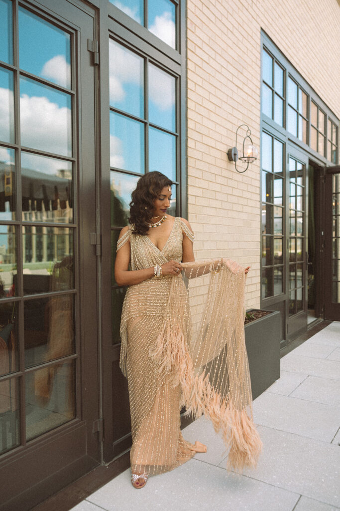 Woman posing for portraits in Detroit, Michigan at Kamper's Rooftop Lounge