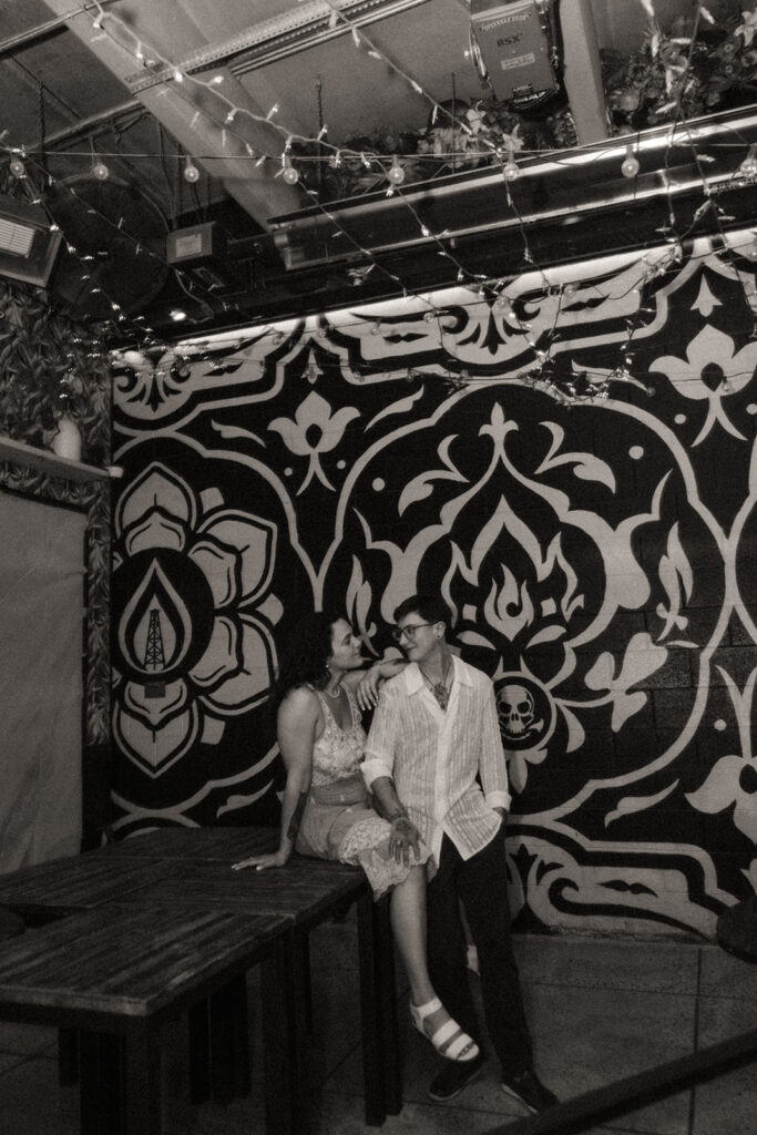 Black and white photo of a couples Detroit engagement session at The Skip