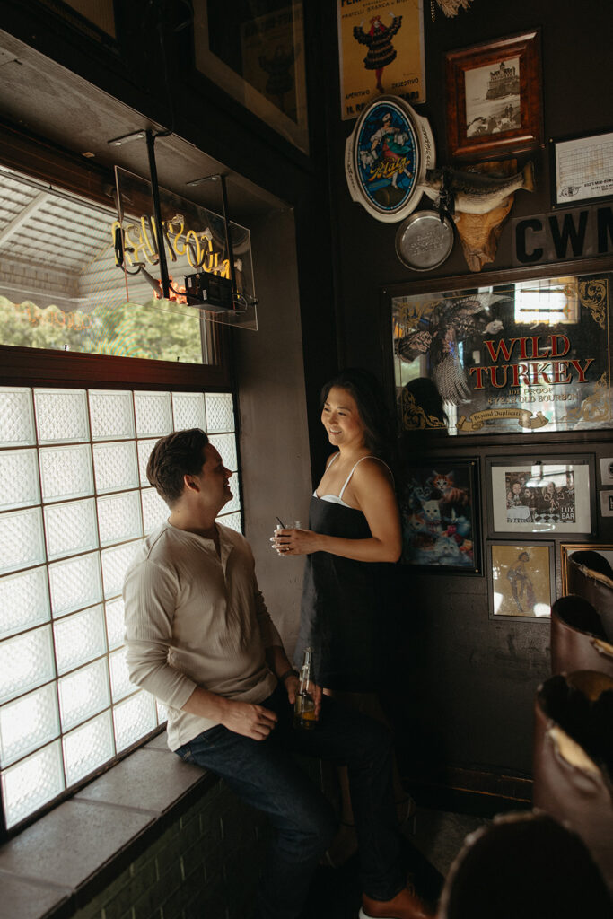 Couples bar engagement photos in Chicago