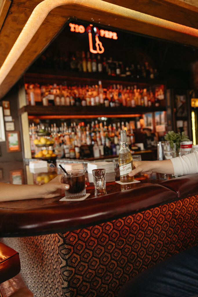 Couple toasting their drinks during their bar engagement shoot