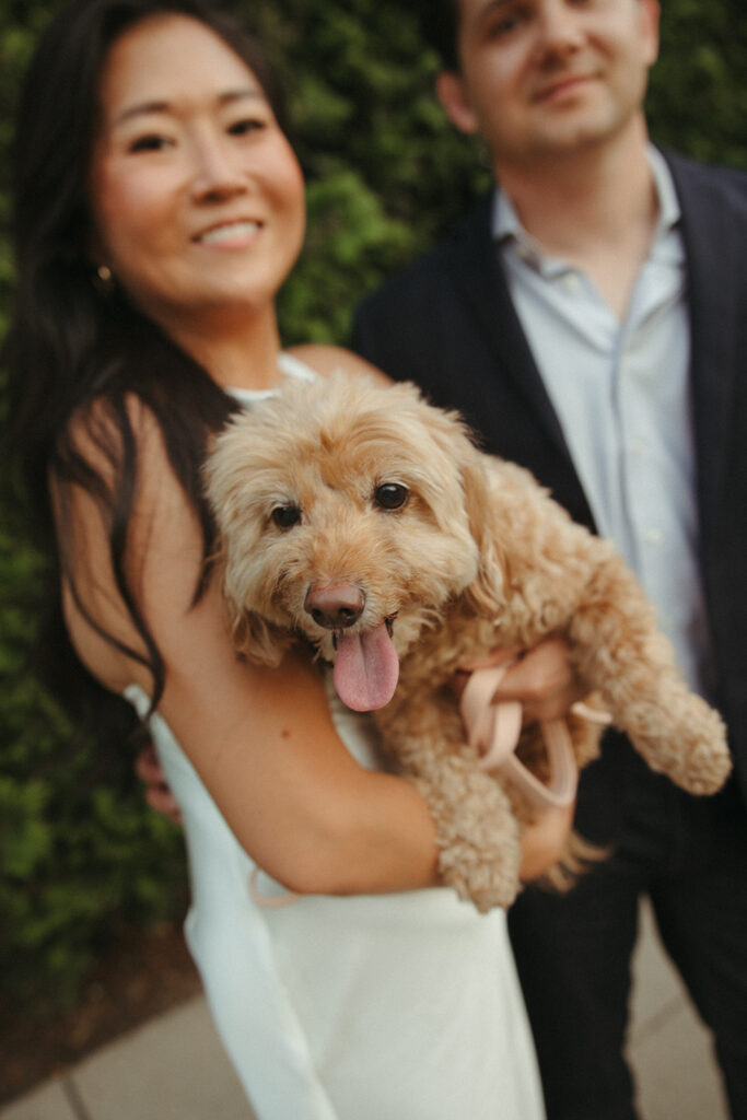 Couple posing for a photo with their dog