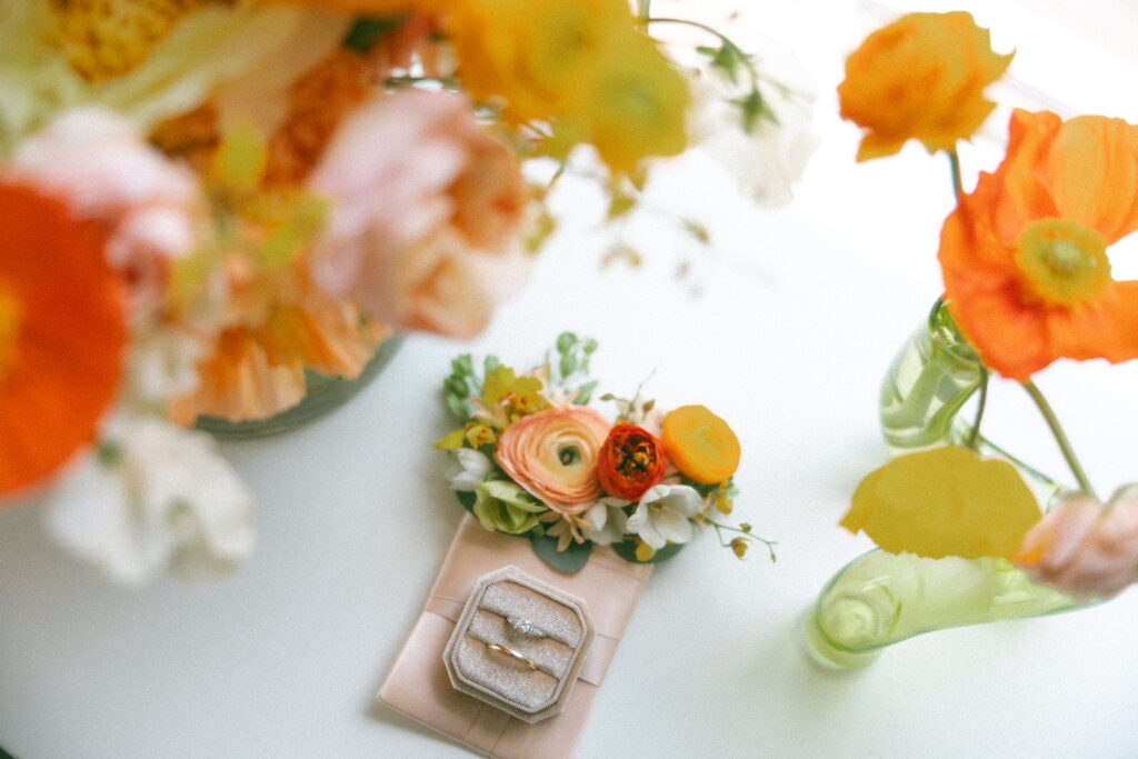 Colorful wedding details and florals