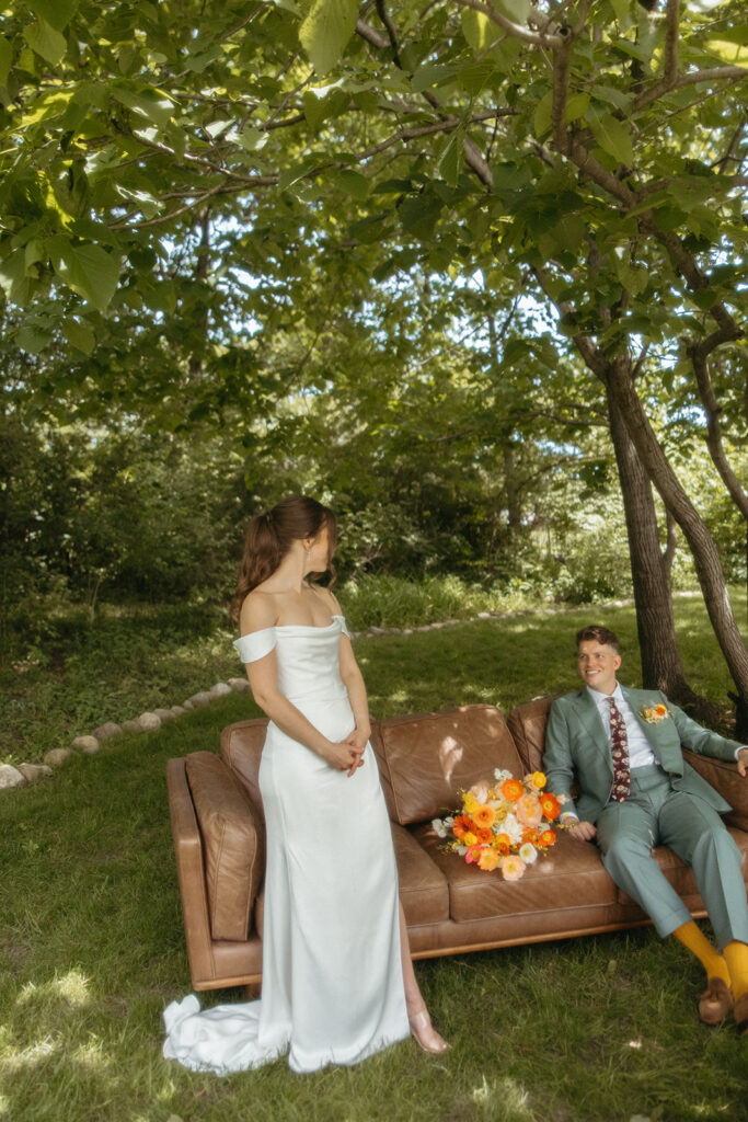 Bride and groom backyard Ann Arbor wedding portraits