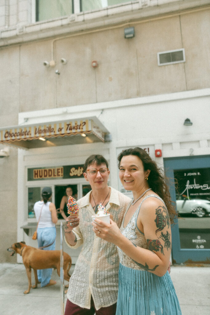 Couple getting ice cream from Huddle Ice Cream in Detroit. Michigan