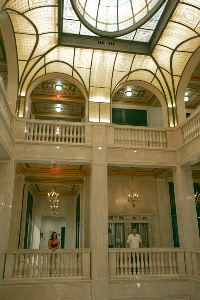 Classy engagement photos at Book Tower in Detroit