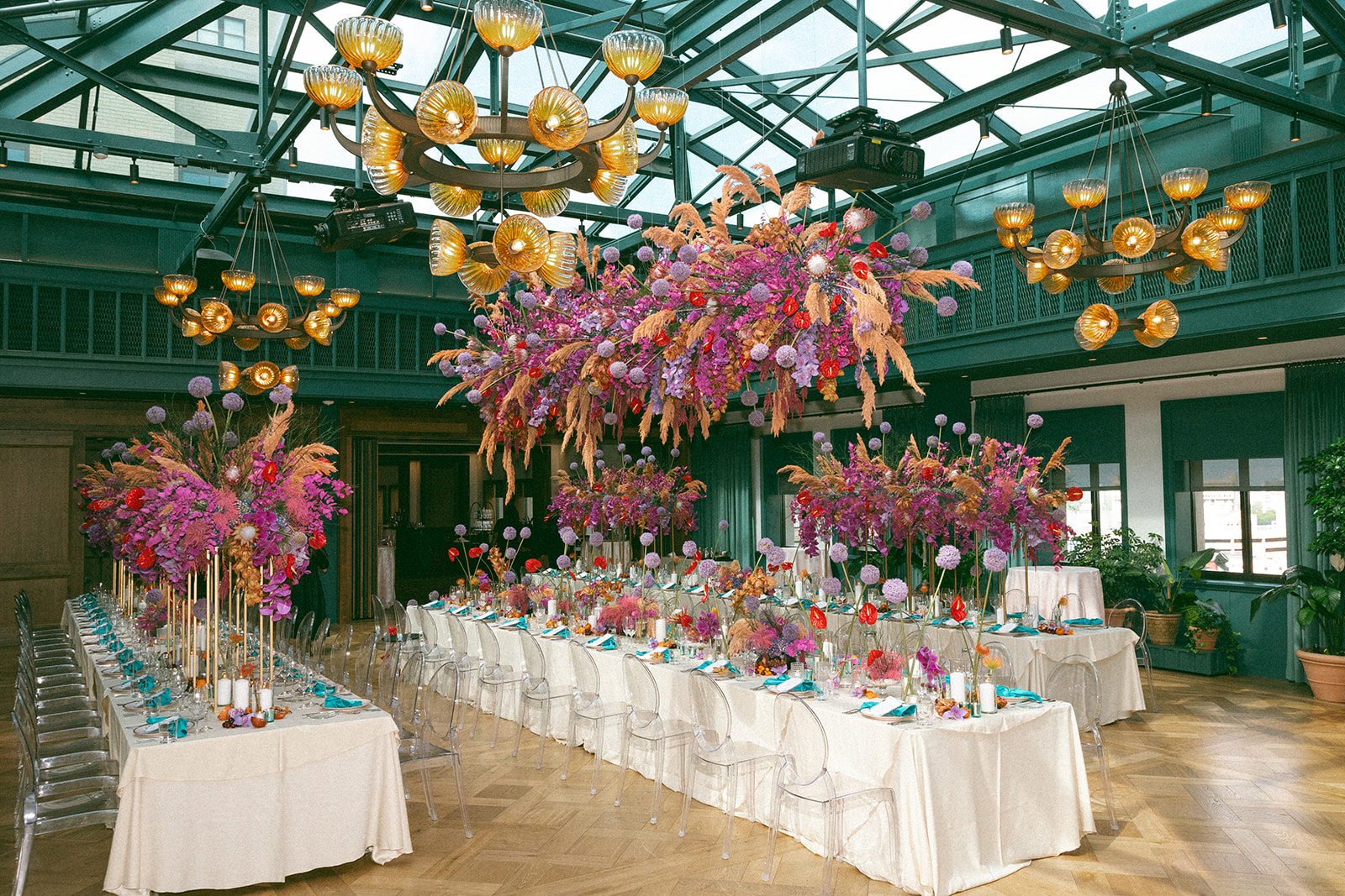 An indoor Book Tower wedding reception in The Conservatory