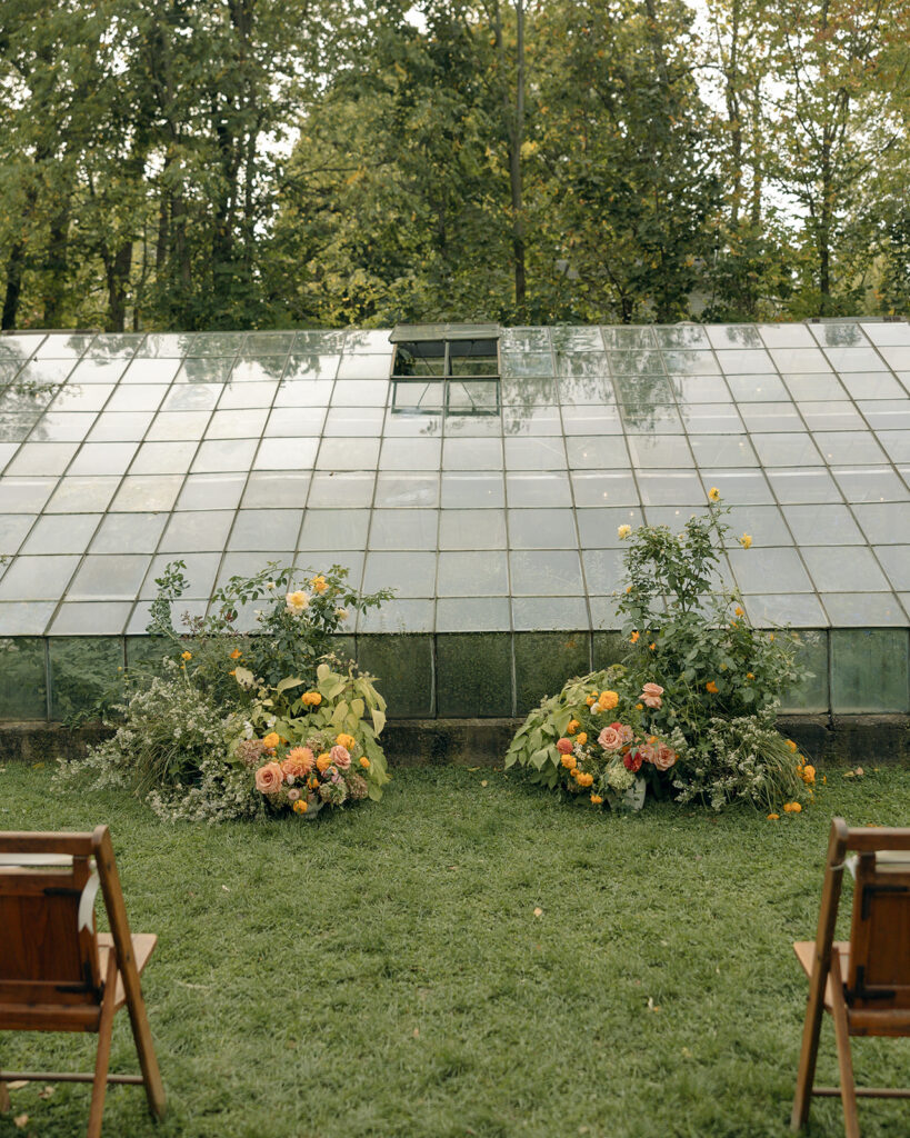 An outdoor wedding ceremony at Glass House Creative Community in Zeeland, MI