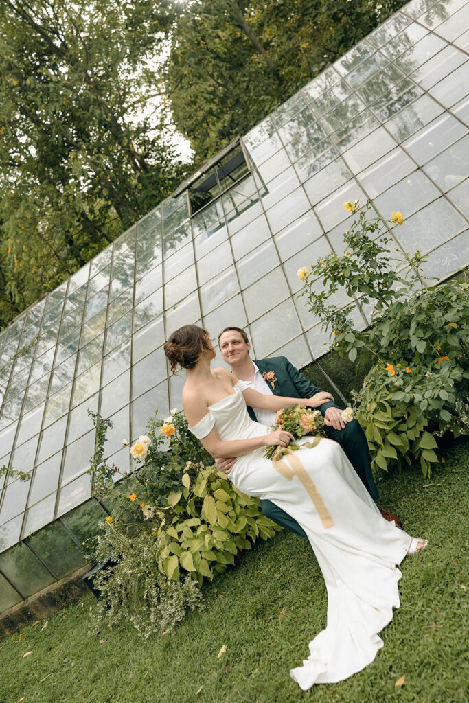 Outdoor bride and grooms portraits at Glass House Creative Community in Zeeland, MI