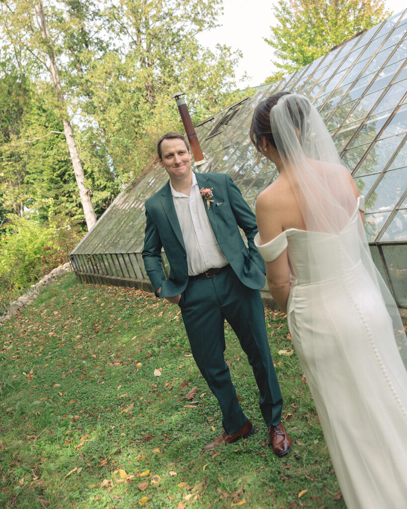 Groom getting emotional after seeing his bride during their first look