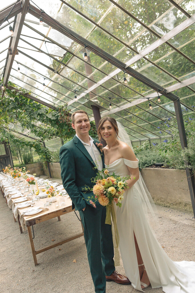 Bride and grooms Glass House Creative Community wedding reception room reveal in the greenhouse