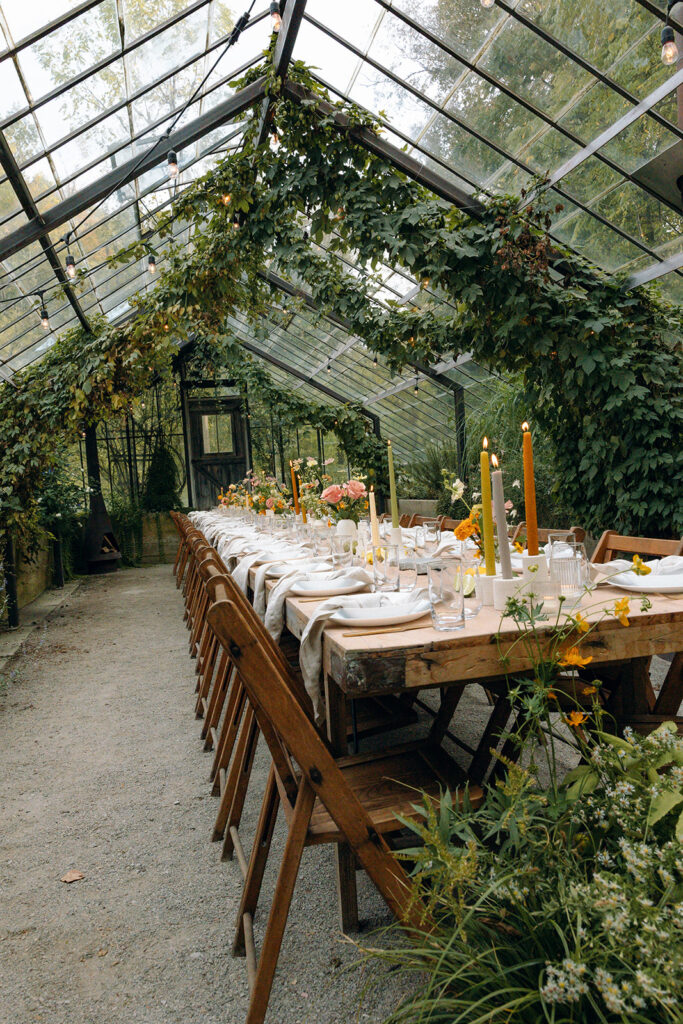 Glass House Creative community wedding reception in the greenhouse