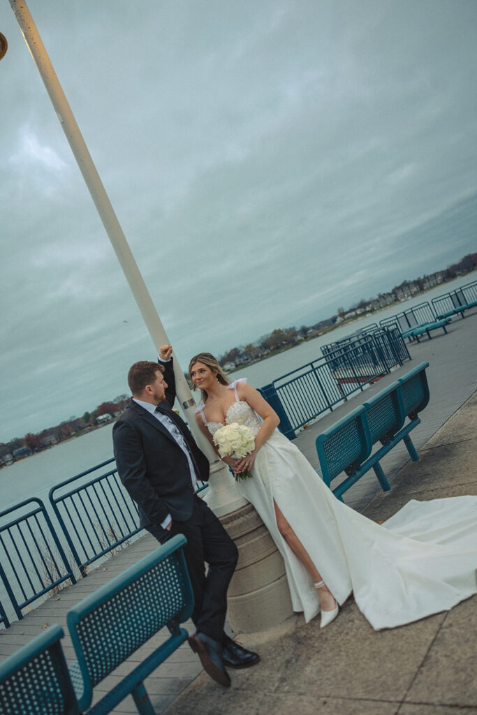 Bride and grooms Holland MI wedding portraits at Heinz waterfront walkway