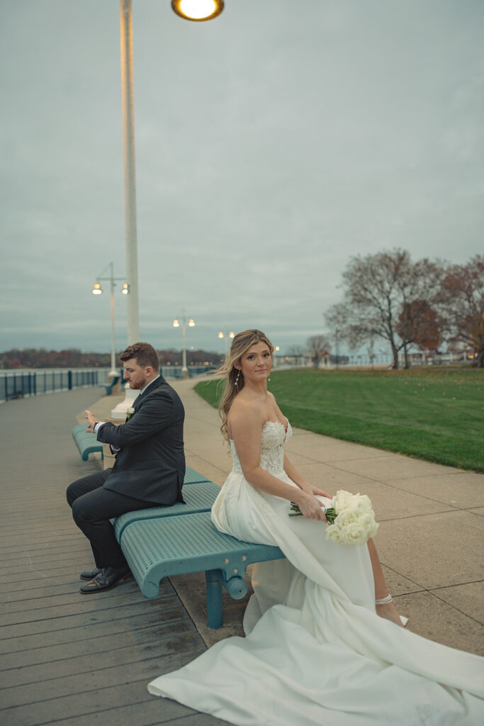 Bride and grooms Holland MI wedding portraits at Heinz waterfront walkway