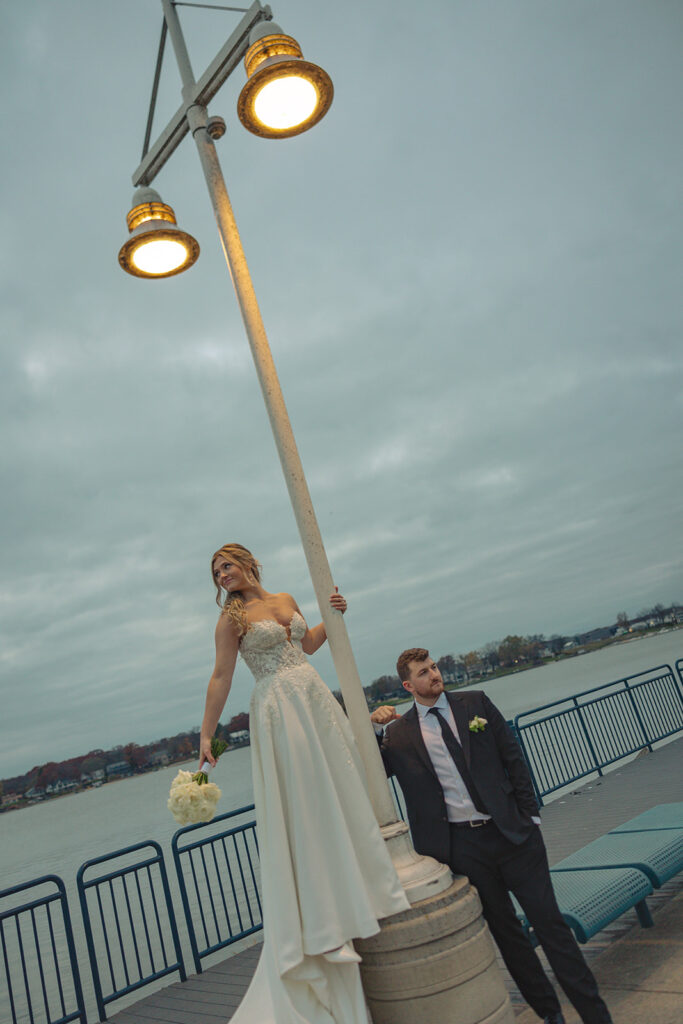 Bride and grooms Holland MI wedding portraits at Heinz waterfront walkway