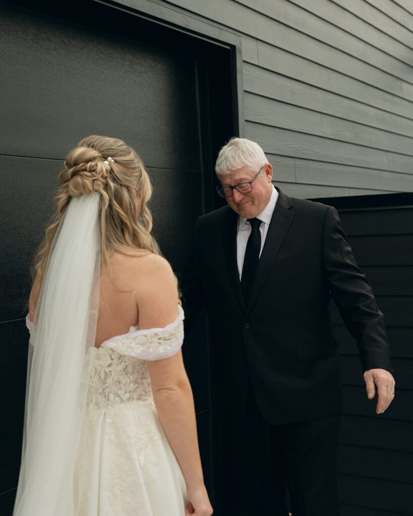 Brides father getting emotional during his first look with his daughter