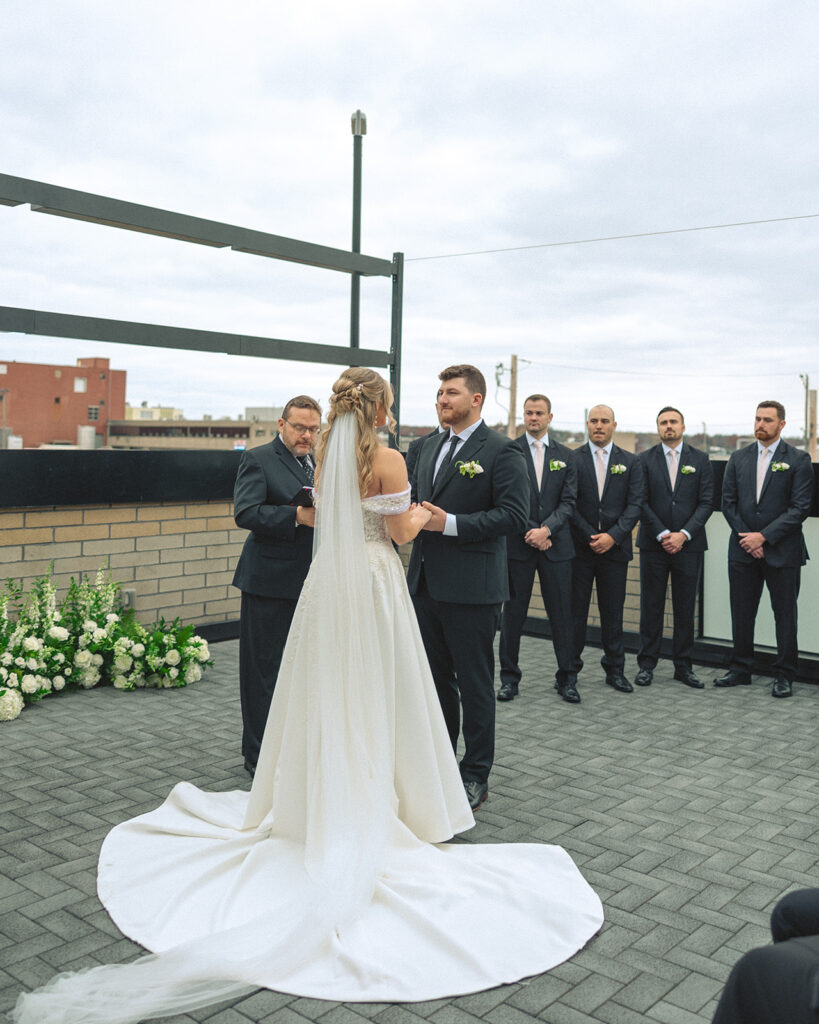 A rooftop patio wedding ceremony at Port 393 in Holland, Michigan.