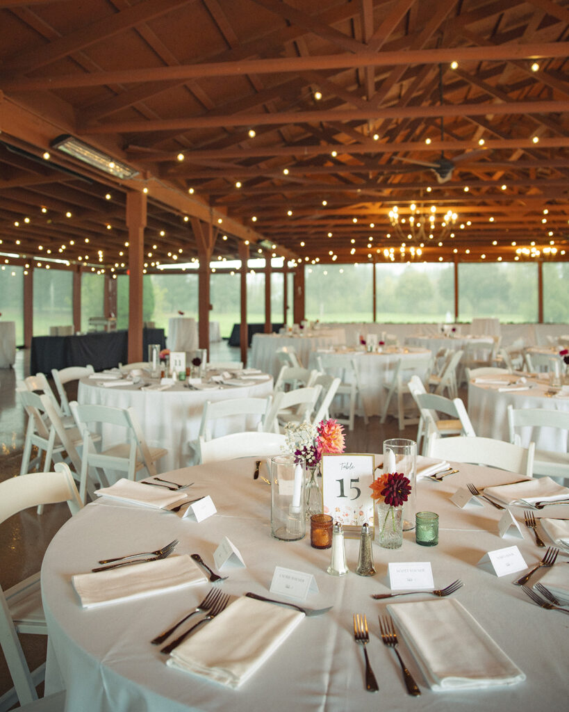 Fall wedding reception in The Summerhouse at Fox Hills Golf Club
